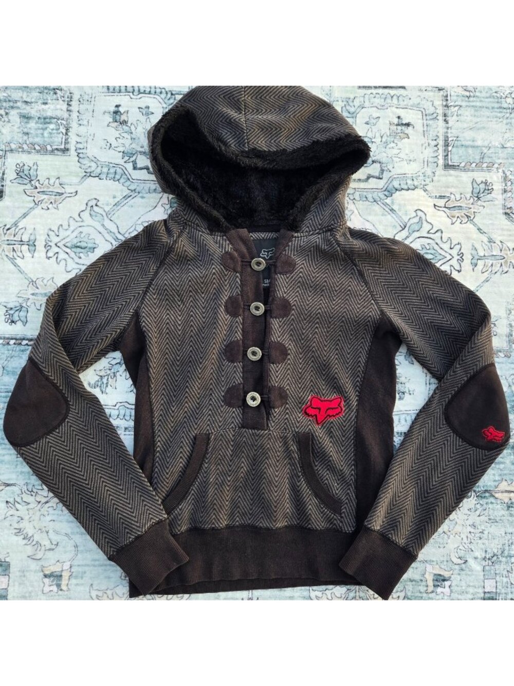Y2K Fox Racing Womens Hoodie Sweatshirt Sz S Black Gray Faux Fur Hood Mall Goth